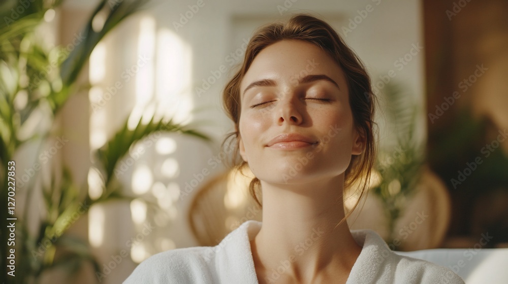 Woman relaxing in spa, peaceful moment, sunny interior Woman relaxing in spa, peaceful moment, sunny interior