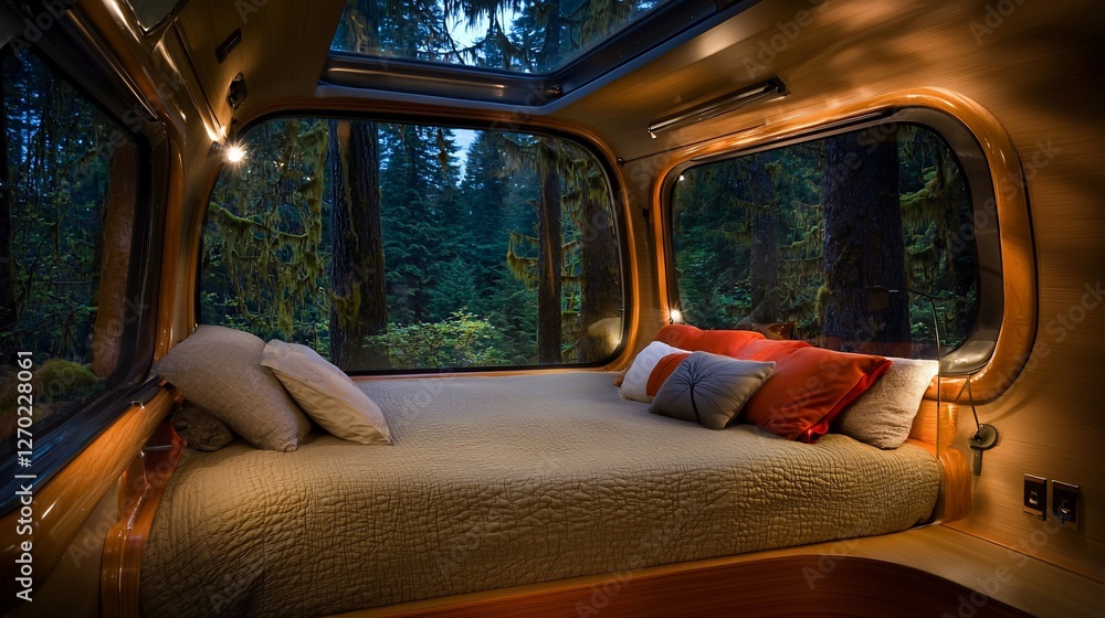 Fototapeta premium Luxurious bed inside a forest cabin with large windows offering scenic views.