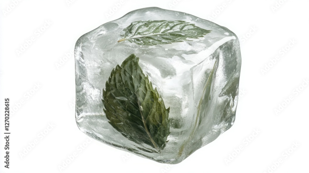 Fototapeta premium A single ice cube with two mint leaves frozen inside. 