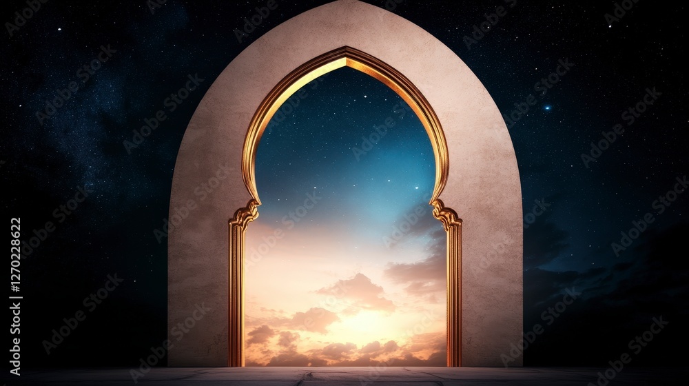 Fototapeta premium Majestic Golden Archway Leading to a Dazzling Sunset and Starry Night Sky