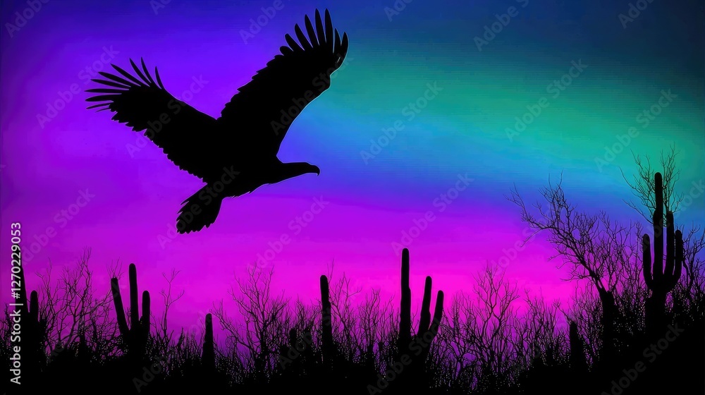 Obraz premium Majestic eagle soaring against a vibrant sunset sky with silhouetted cacti and distant trees