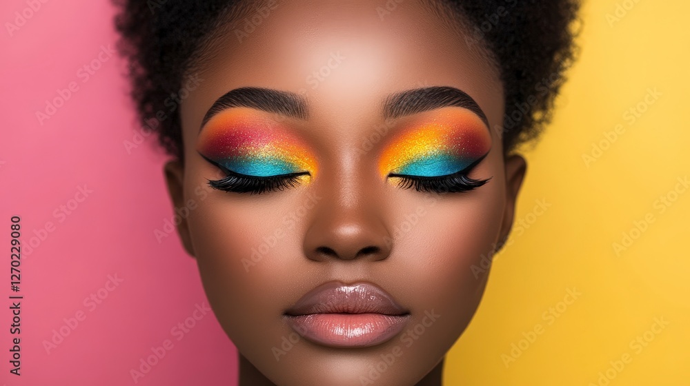 Vibrant Makeup Artistry with Colorful Eyeshadow on Beautiful Model Face Vibrant Makeup Artistry with Colorful Eyeshadow on Beautiful Model Face