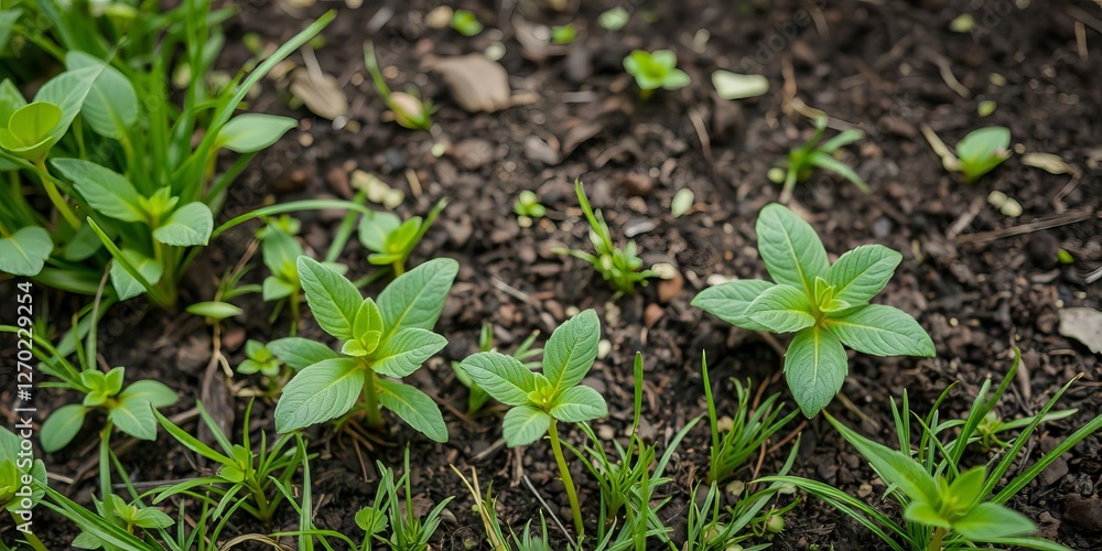 Rich and fertile organic soil covered with lush green grass in a peaceful forest setting, plant life, ecology, foliage Rich and fertile organic soil covered with lush green grass in a peaceful forest setting, plant life, ecology, foliage