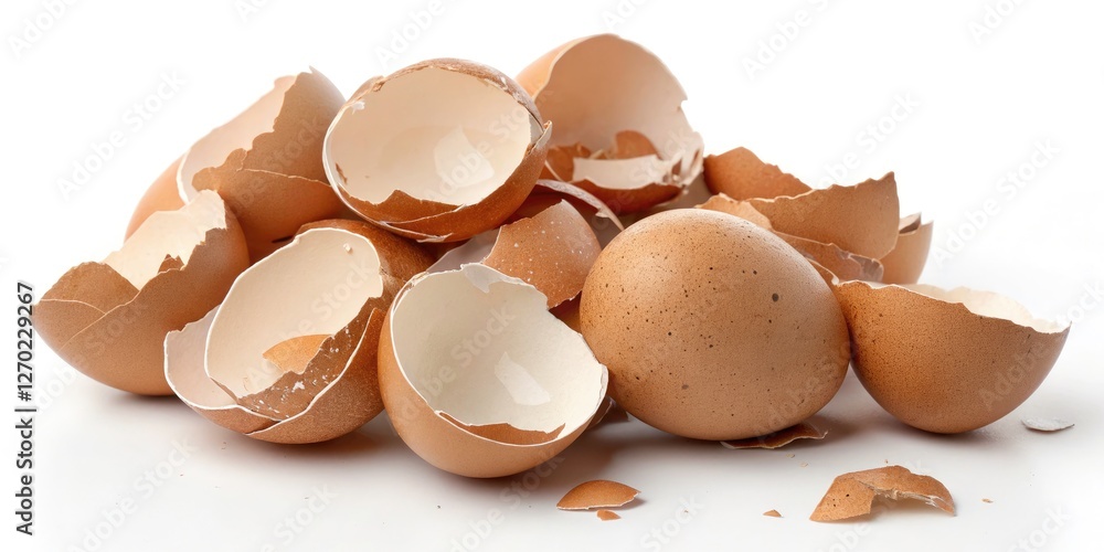Close-Up of a Heap of Brown Empty Egg Shells Isolated on White Background for Candid Photography and Creative Projects Close-Up of a Heap of Brown Empty Egg Shells Isolated on White Background for Candid Photography and Creative Projects