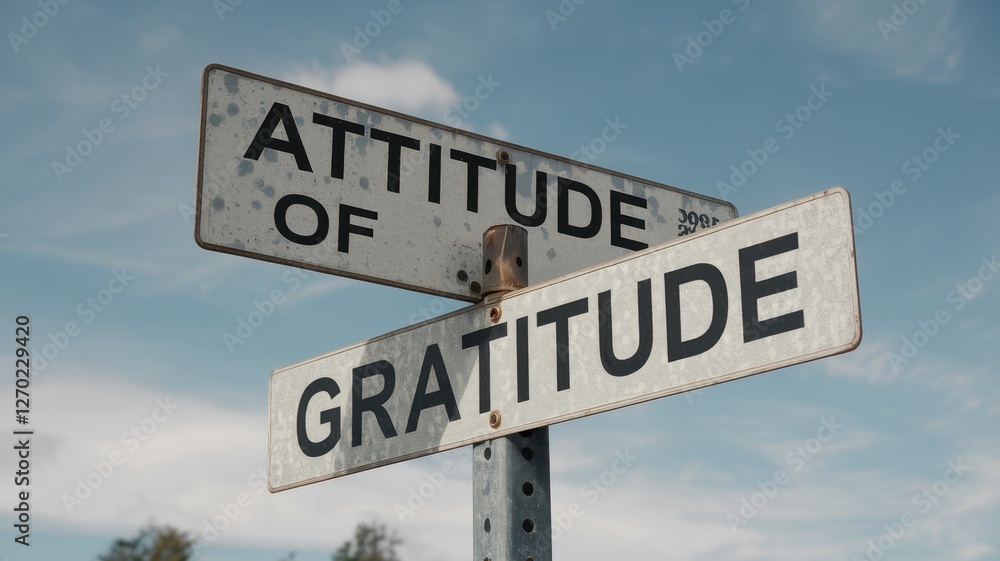 Fototapeta premium Directional street sign displaying attitude of gratitude against cloudy sky