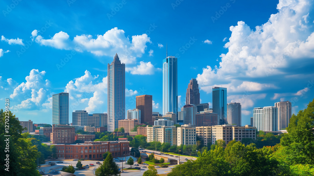 Panoramic view of the city skyline with tall buildings in downtown, Georgia, on a sunny day, with a blue sky. Panoramic view of the city skyline with tall buildings in downtown, Georgia, on a sunny day, with a blue sky.