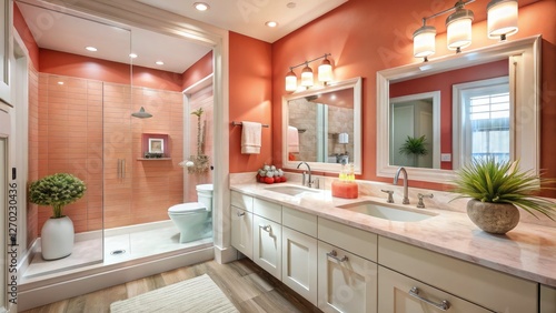 Wallpaper Mural Coral Bathroom Design: Contemporary Bath with Stylish Coral Accents - Rule of Thirds Photography Torontodigital.ca