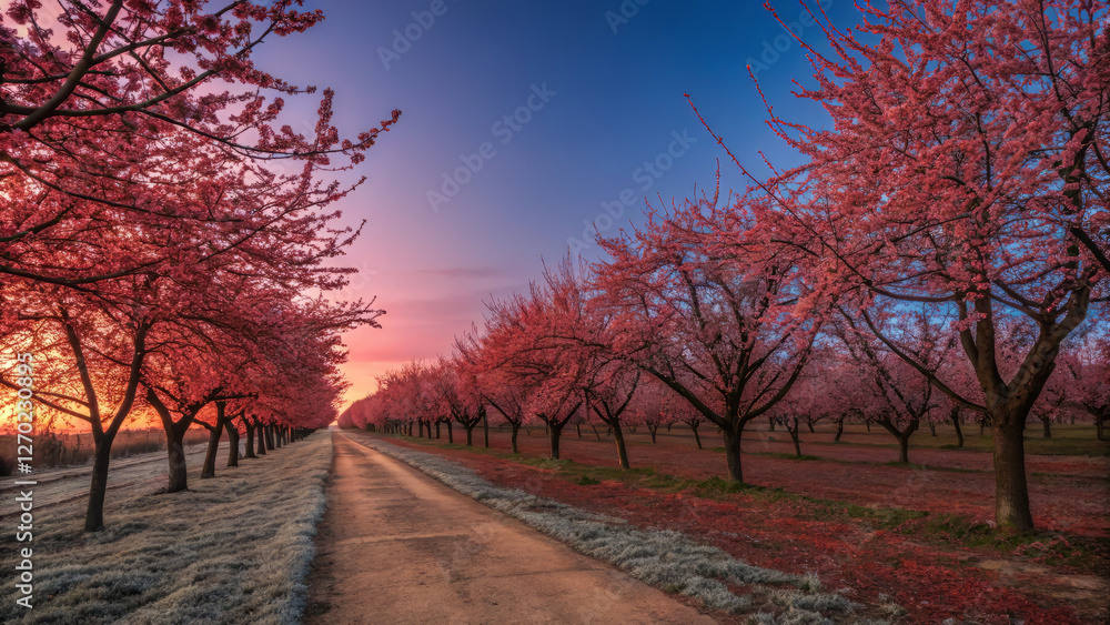 Fototapeta premium serene path lined with blooming cherry blossom trees at sunset