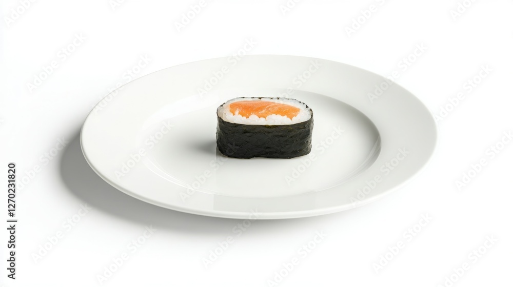 A single piece of salmon sushi rests on a minimalist white plate, ready to be savored. The vibrant orange salmon contrasts beautifully against the dark seaweed and white rice. A single piece of salmon sushi rests on a minimalist white plate, ready to be savored. The vibrant orange salmon contrasts beautifully against the dark seaweed and white rice.