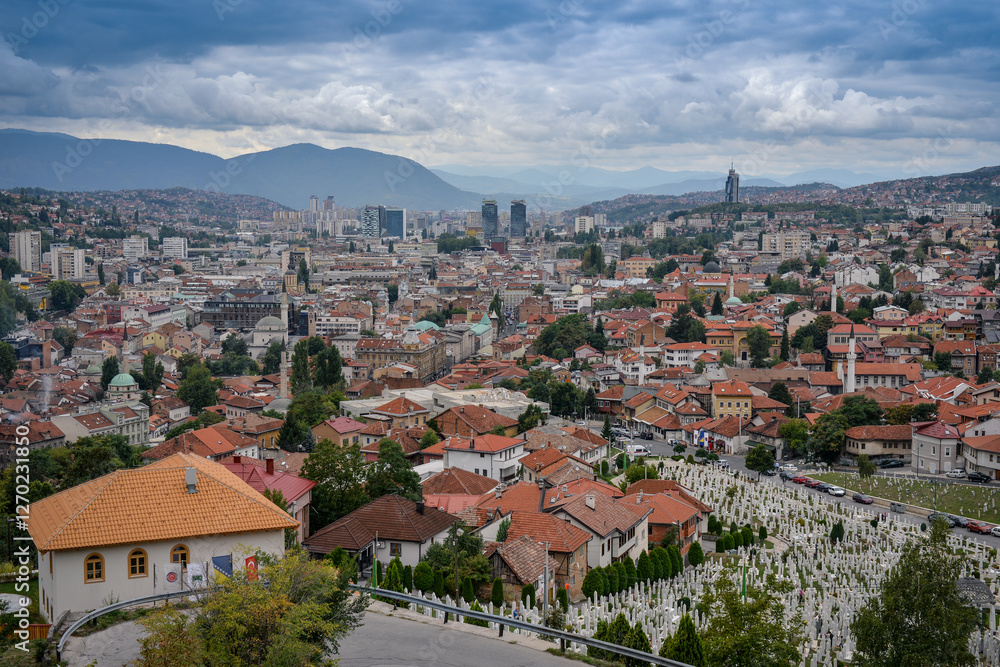 Cityscape view of urban area with buildings rooftops mountains and cloudy skies in the background