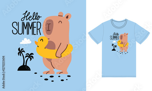Cute capybara summertime illustration with tshirt design vector