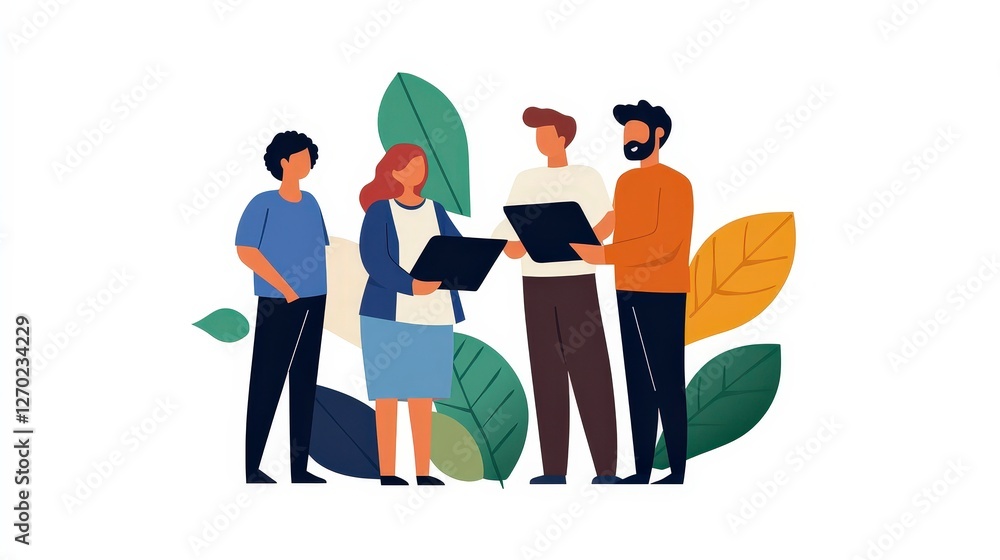 Business Team Collaboration with Laptops and Leaves in Flat Design Style Business Team Collaboration with Laptops and Leaves in Flat Design Style