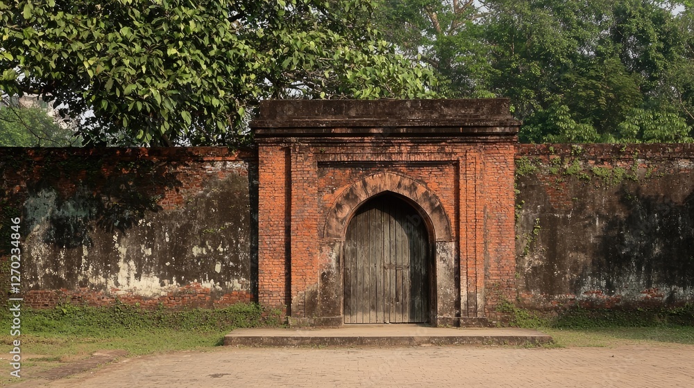 Historic brick archway entrance surrounded by lush greenery in a serene outdoor setting Historic brick archway entrance surrounded by lush greenery in a serene outdoor setting