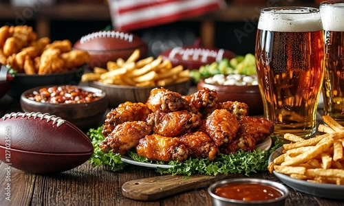A vibrant spread of game day snacks featuring chicken wings, fries, and beer, set against a festive backdrop