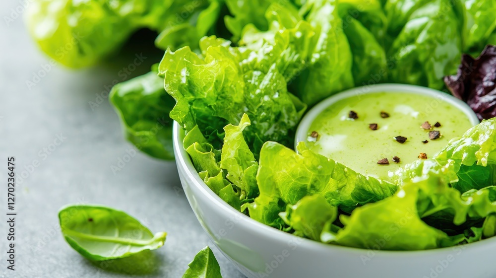 Obraz premium Fresh green lettuce salad served with creamy herb dressing in a white bowl under bright lighting.
