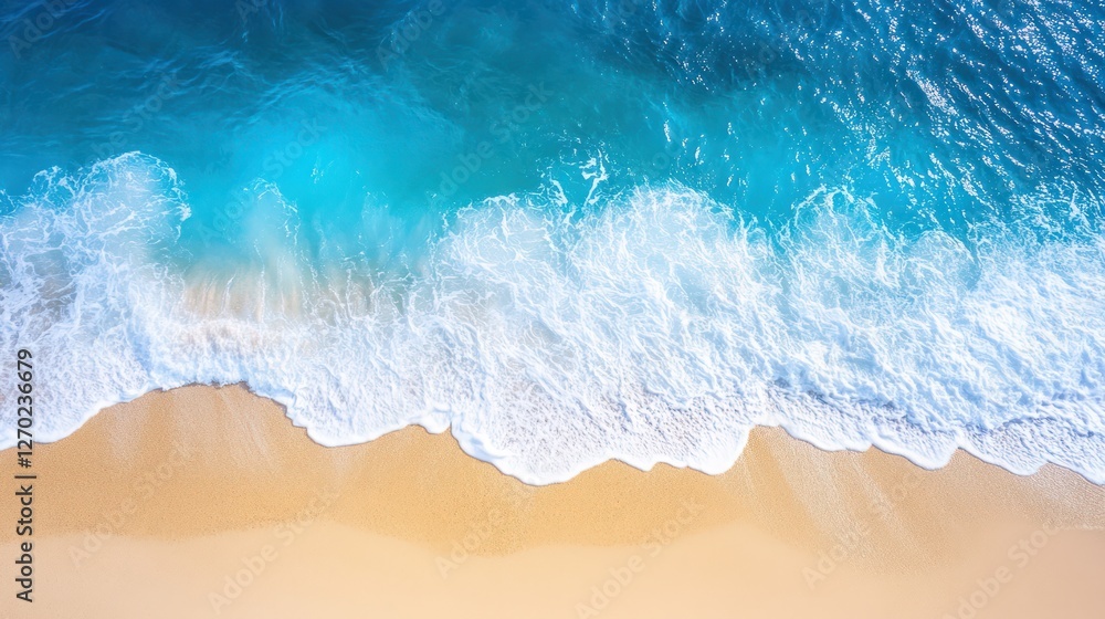Aerial View of Turquoise Water Crashing on a Sandy Beach Aerial View of Turquoise Water Crashing on a Sandy Beach