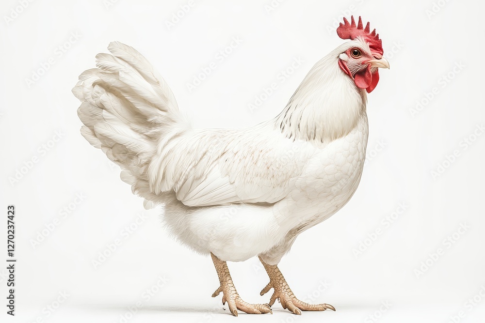 White Chicken Standing on Two Legs Looking Right with Red Comb and Tail Feathers, Isolated on White Background White Chicken Standing on Two Legs Looking Right with Red Comb and Tail Feathers, Isolated on White Background