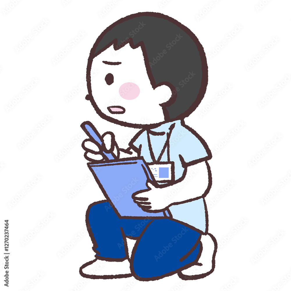 しゃがんで記録する残念そうな男性イラスト しゃがんで記録する残念そうな男性イラスト