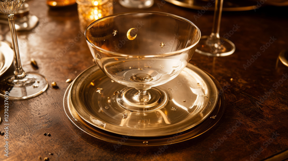 elegant gold-rimmed glass dessert bowl with celestial moon and star design on festive table settings for luxury decor inspirations elegant gold-rimmed glass dessert bowl with celestial moon and star design on festive table settings for luxury decor inspirations
