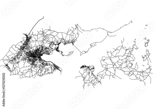 vector map of highway and buildings in tai po district in hongkong with black and white theme