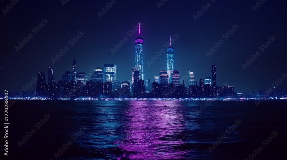 Nighttime Manhattan skyline, purple lights reflecting on water, cityscape backdrop, website banner