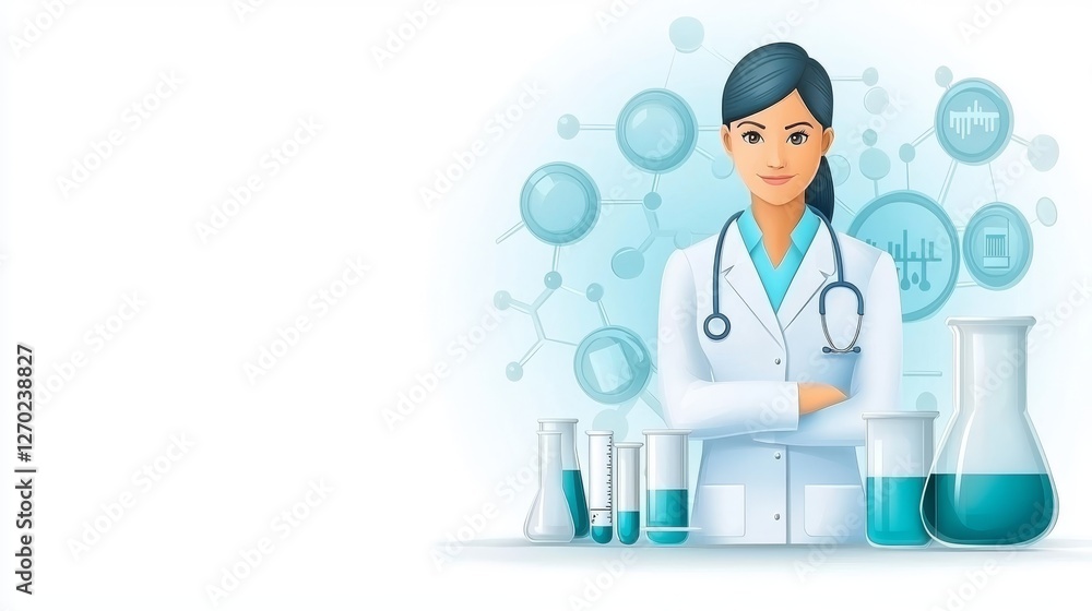 Female doctor in lab coat with stethoscope and test tube conducting laboratory analysis Female doctor in lab coat with stethoscope and test tube conducting laboratory analysis