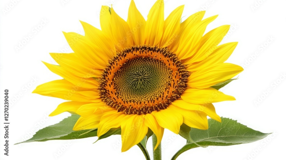 Vibrant sunflower in full bloom, showcasing its bright yellow petals and dark brown center against a clean white background. Vibrant sunflower in full bloom, showcasing its bright yellow petals and dark brown center against a clean white background.