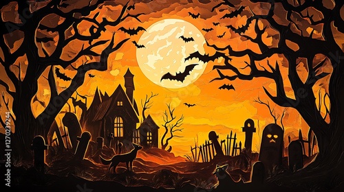 Spooky Halloween Night with Full Moon, Bats, Haunted House, and Dark Trees – Eerie Festive Illustration photo