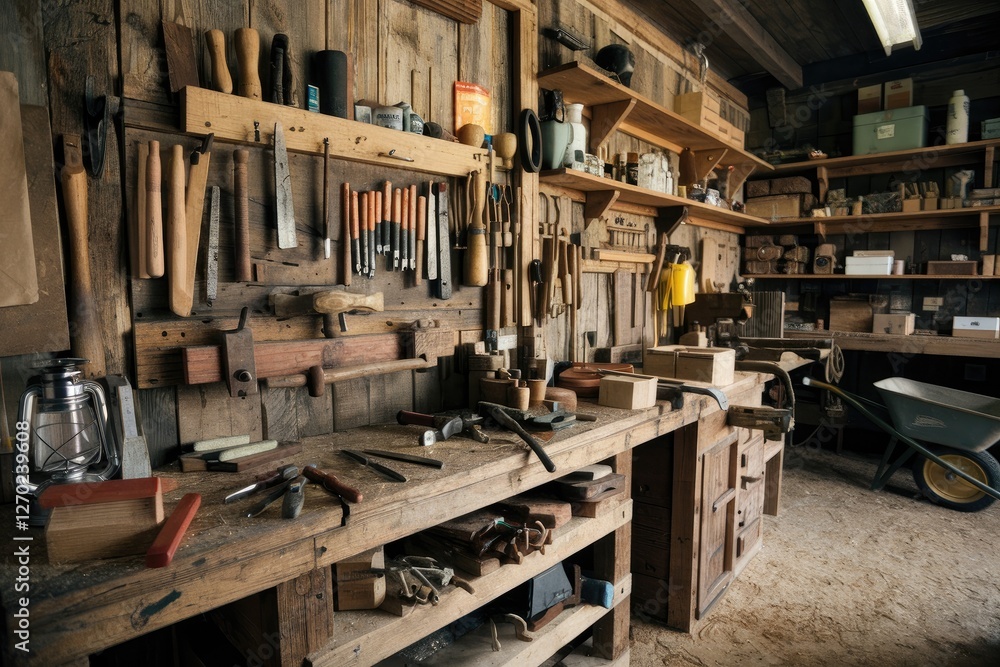 Rustic Woodworking Workshop Interior with Tools, Bench, and Shelves in Warm, Analog Style with Muted Colors, Detailed Composition Rustic Woodworking Workshop Interior with Tools, Bench, and Shelves in Warm, Analog Style with Muted Colors, Detailed Composition