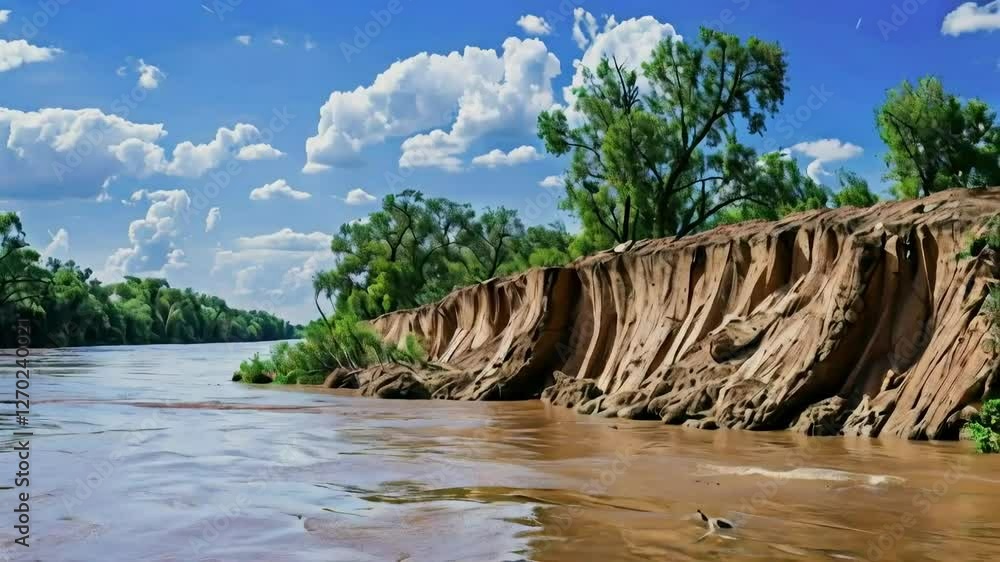 Riverbank erosion with trees and cloudy sky. Riverbank erosion with trees and cloudy sky.