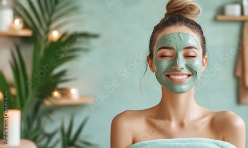 Woman with green face mask in bathroom photo