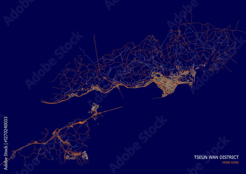 vector map of highway waterway and buildings in tsuen wan  district in hongkong with blue and orange theme