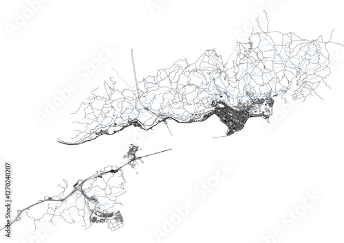 vector map of highway  waterway and buildings in tsuen wan district in hongkong with black and white theme