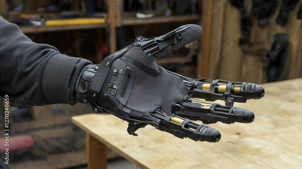 Close-up of a futuristic robotic hand showcasing intricate mechanics in a workshop setting Close-up of a futuristic robotic hand showcasing intricate mechanics in a workshop setting