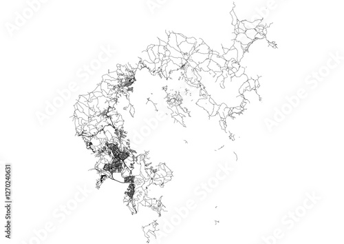 vector map of highway and buildings in sai kung district in hongkong with black and white theme