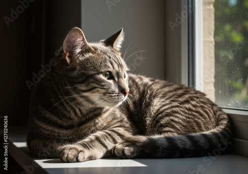 Wallpaper Mural Sunlit Tabby Cat Relaxing by Windowsill Torontodigital.ca