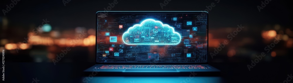 Fototapeta premium A modern laptop displaying a fluffy cloud on its screen symbolizing digital innovation and creativity in a bright and inspiring workspace setting