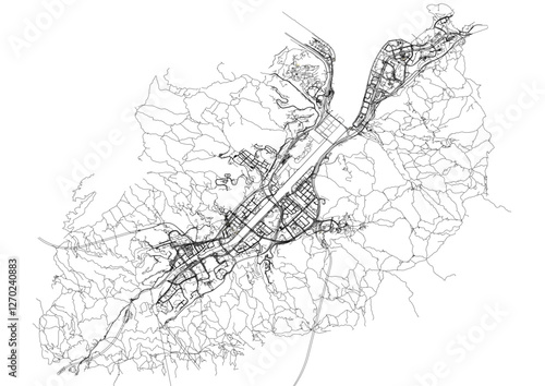 vector map of highway in sha tin district in hongkong with black and white theme