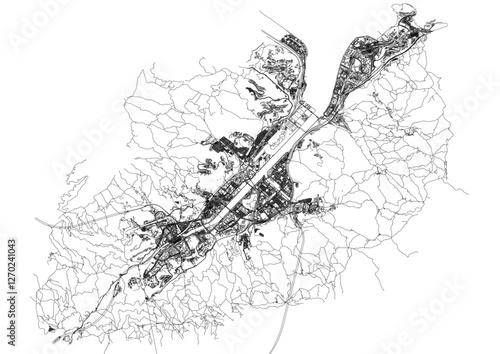 vector map of highway and buildings in sha tin district in hongkong with black and white theme