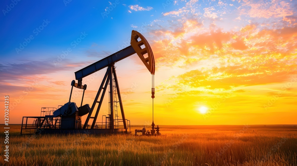 Oil Pump Jack Silhouette Against a Vibrant Sunset Sky Capturing Energy Production in a Rural Landscape with Golden Field and Dramatic Clouds Oil Pump Jack Silhouette Against a Vibrant Sunset Sky Capturing Energy Production in a Rural Landscape with Golden Field and Dramatic Clouds