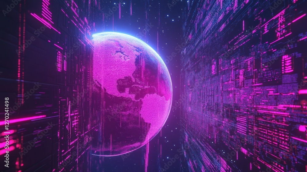 Fototapeta premium Digital earth floats between neon purple cybernetic data structures