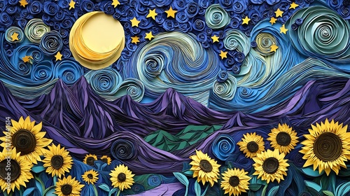 Quilled Paper Art of Starry Night Sky with Sunflowers – Unique and Intricate Landscape Design photo