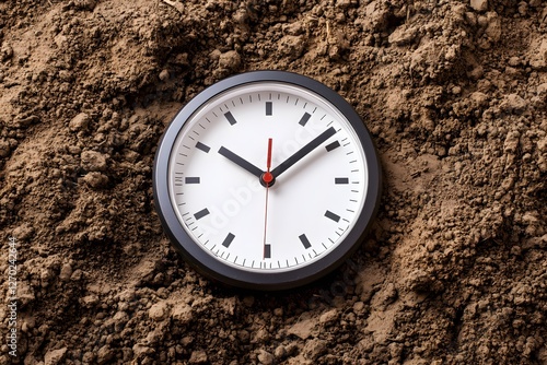 Clock face resting on brown soil showcasing the concept of time and nature connection photo