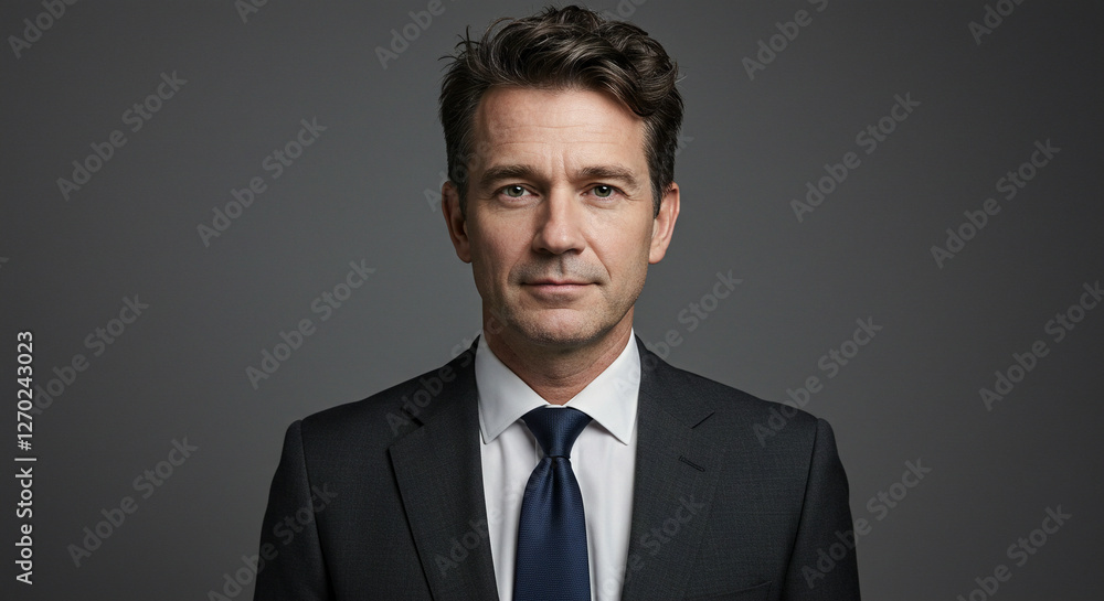 Tranquil Man in His 40s Standing Gracefully on Gray Tranquil Man in His 40s Standing Gracefully on Gray