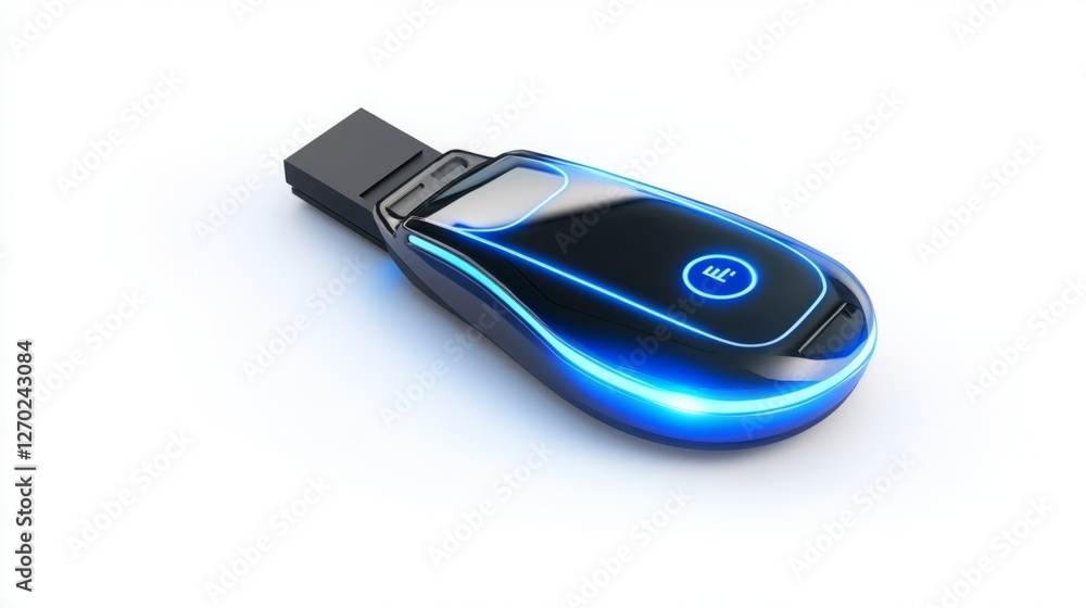 Sleek black device with glowing blue accents, isolated on white. Futuristic technology concept. Sleek black device with glowing blue accents, isolated on white. Futuristic technology concept.