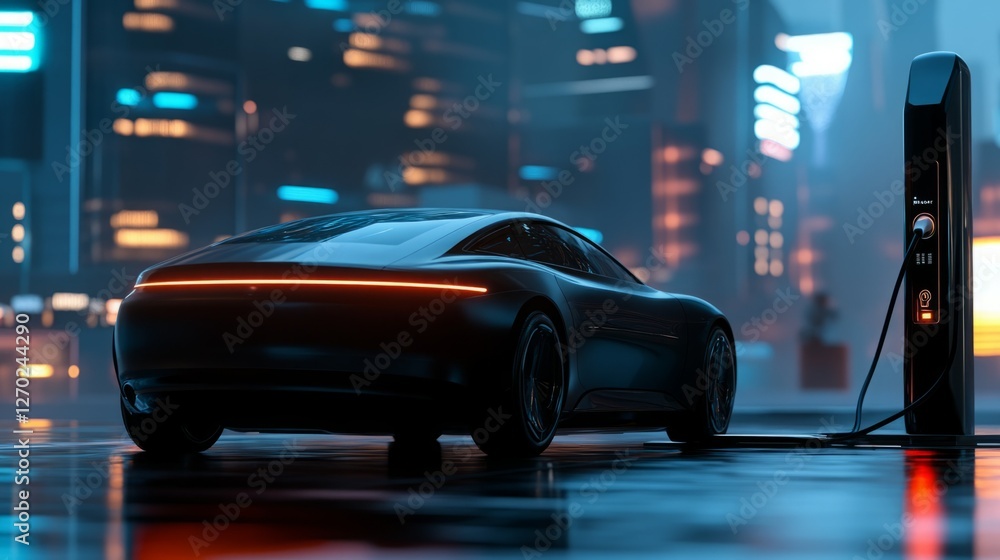 Sleek, futuristic electric car charging at night in a vibrant city. The dark vehicle glows subtly against the neon lights. Sleek, futuristic electric car charging at night in a vibrant city. The dark vehicle glows subtly against the neon lights.