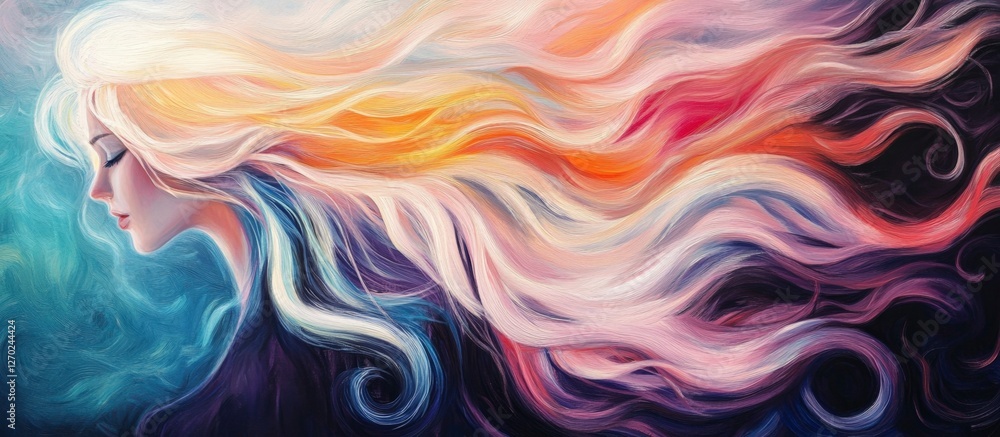 Profile of dreaming woman with flowing multicolored hair Profile of dreaming woman with flowing multicolored hair