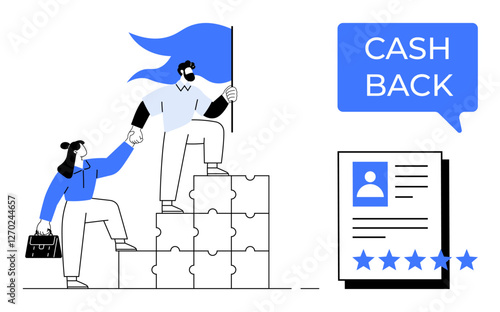 Two professionals, one holding a flag, climb puzzle blocks, symbolizing teamwork and leadership. Cash Back bubble and document with five-star rating suggest rewards and good reviews. Ideal