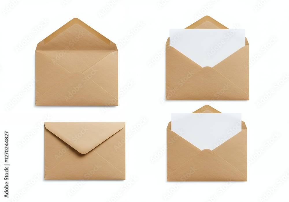 Craft Envelopes on White Background Four Mail Stationery Open and Closed Craft Envelopes on White Background Four Mail Stationery Open and Closed