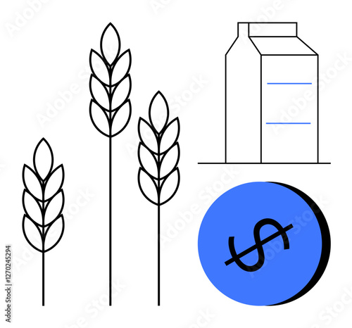 Three simple wheat plants, milk carton, blue circle with dollar sign. Ideal for agriculture, dairy industry, economy, cost analysis, food pricing, market trends abstract line flat metaphor